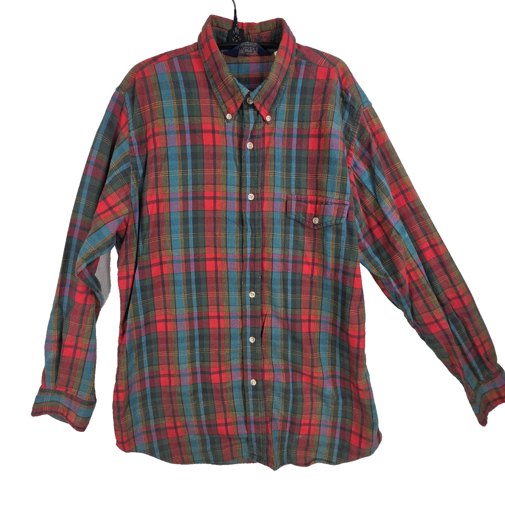 VTG Woolrich Mens Flannel Shirt Large Red Green Plaid Button Up Outdoor Cotton